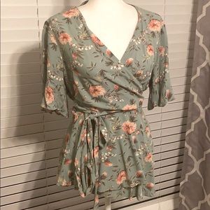 EUC Loft sage floral peplum wrap top